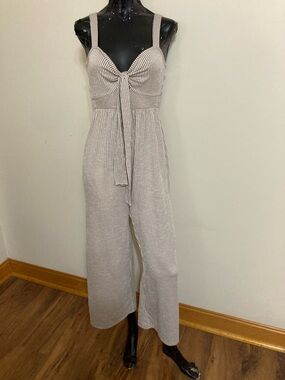 Cream and Tan Striped Tie-Front Wide-Leg 1pc. Jumpsuit. Item# SS1pcp2